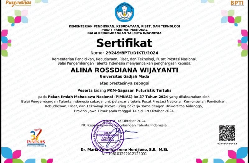 Sertifikat peserta PIMNAS 37 atas nama Alina Rossdiana Wijayanti