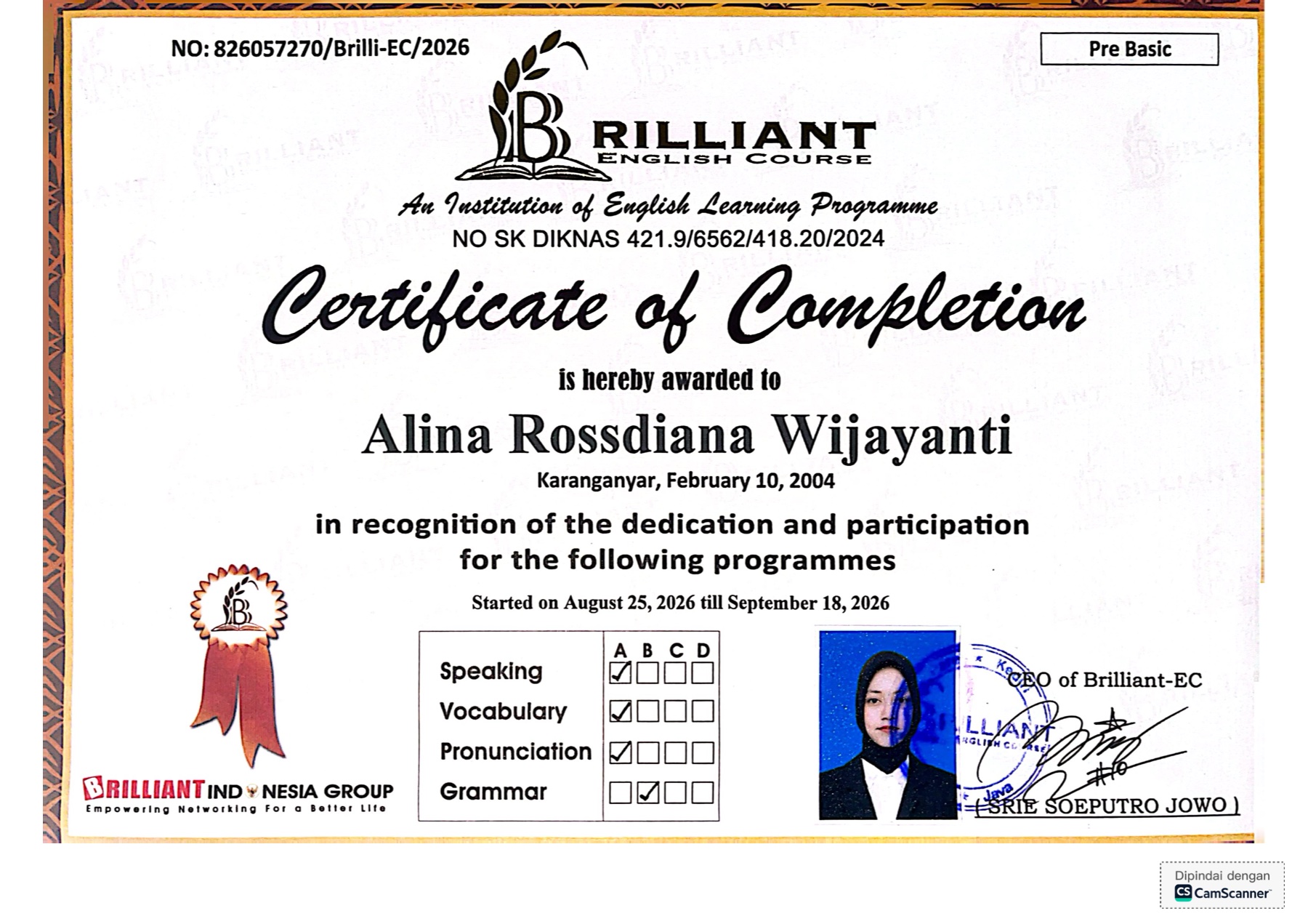 Sertifikat English Language Training — Briliant English Course