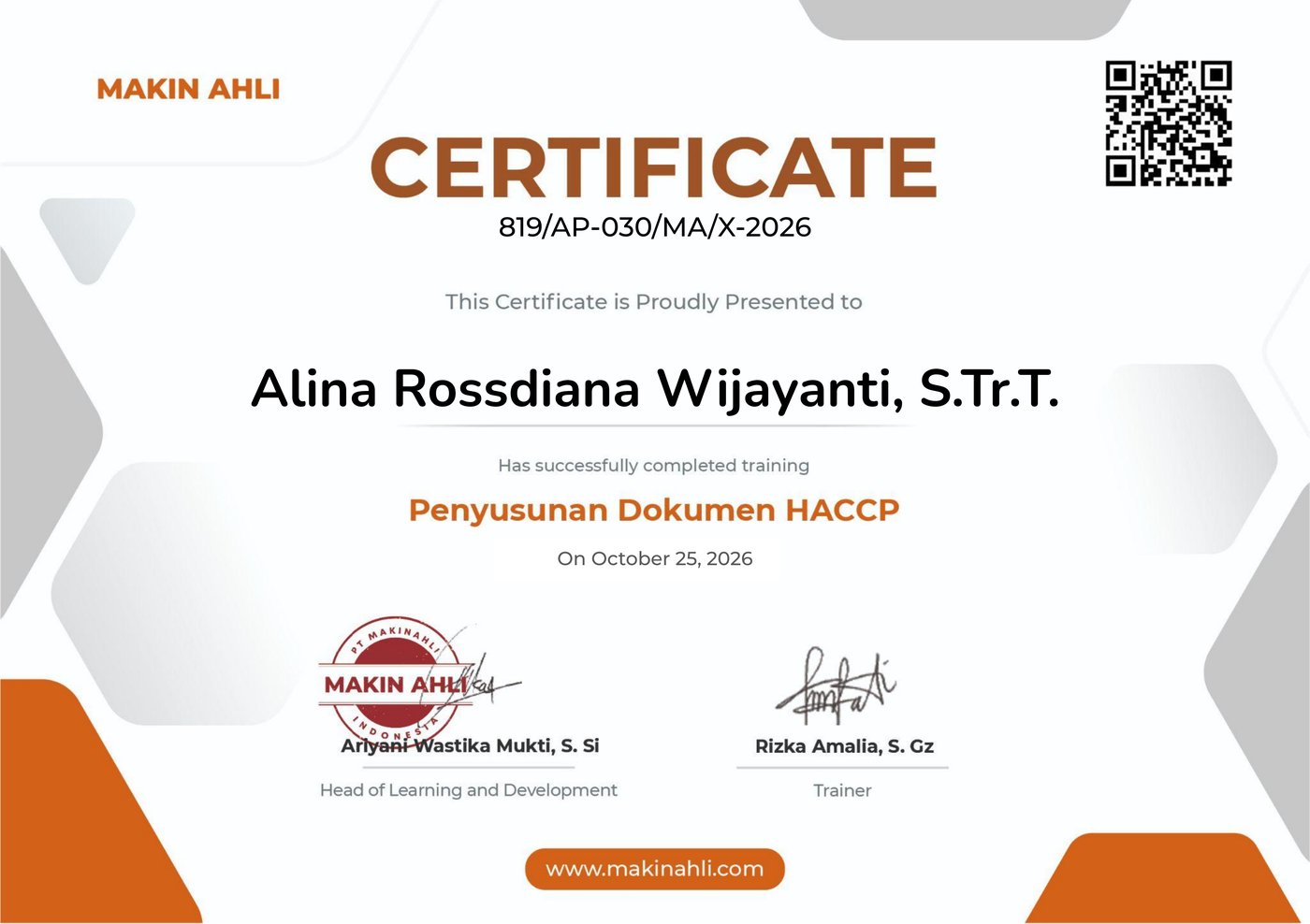 Sertifikat Penyusunan Dokumen HACCP — Makin Ahli
