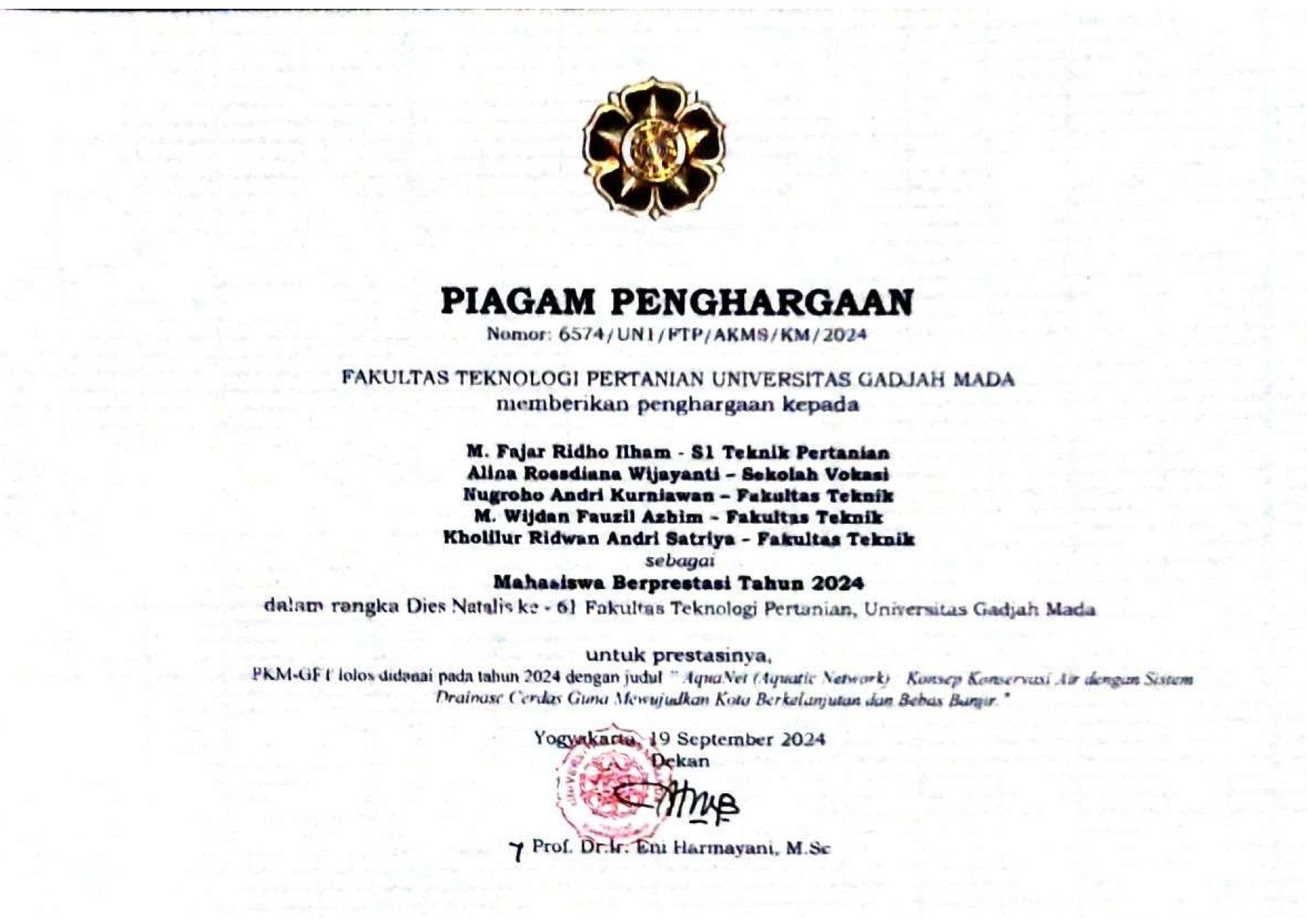 Piagam Mahasiswa Berprestasi Fakultas Teknologi Pertanian UGM