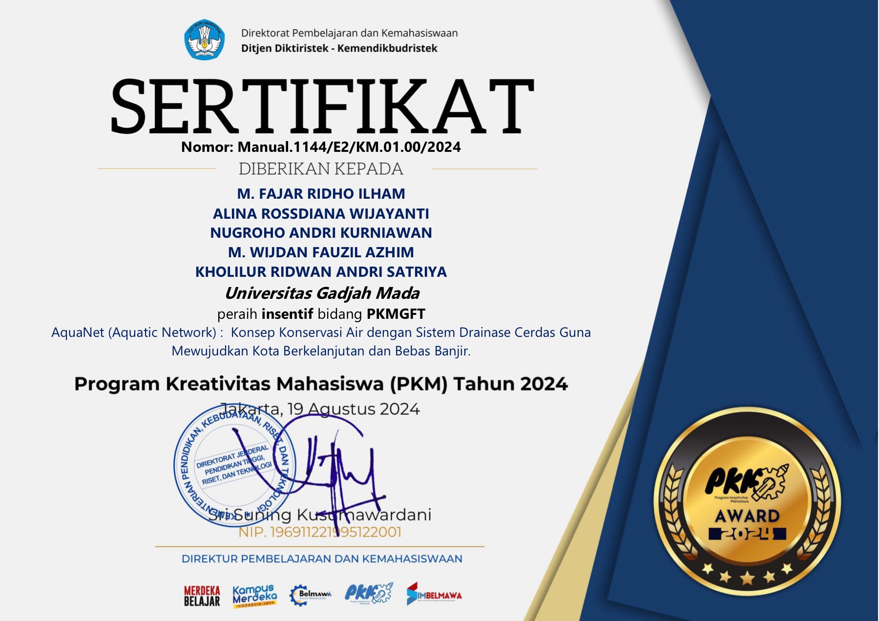 Sertifikat insentif PKM Gagasan Futuristik Tertulis