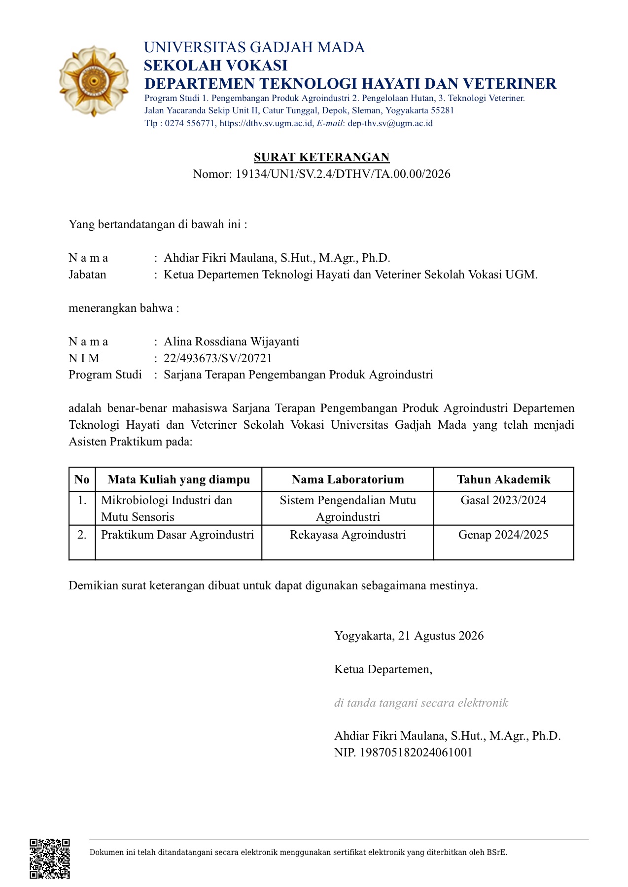 Surat keterangan asisten praktikum Universitas Gadjah Mada